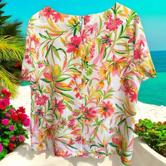 J.Crew Tropical Floral Blouse Pink Orange Green Print Size Large - Picture 3 of 4